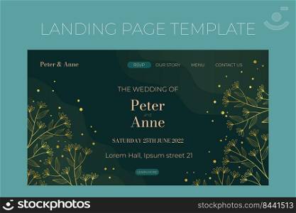Floral wedding Landing page template in elegant golden style, invitation card design with gold flowers with leaves, dots. Decorative frame pattern and wreath. Vector decoration on rich green. Floral wedding template in elegant golden style, invitation card design with gold flowers with leaves, dots. Decorative frame pattern and wreath. Vector decoration on rich green.