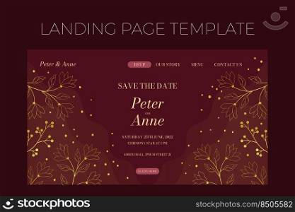 Floral wedding Landing page template in elegant golden style, invitation card design with gold flowers with leaves, dots and berries. Vector decorative frame on rich red background.. Floral wedding Landing page template in elegant golden style, invitation card design with gold flowers with leaves, dots and berries. Vector decorative frame on rich red background