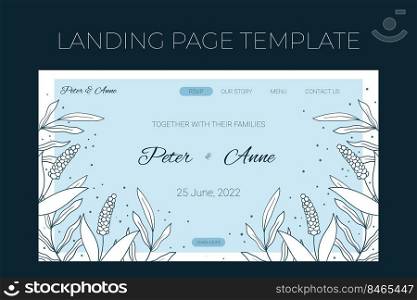 Floral wedding landing page template in hand drawn doodle style, invitation card design with line flowers and leaves, dots. Vector decorative frame on white and blue background.. Floral wedding landing page template in hand drawn doodle style, invitation card design with line flowers and leaves, dots. Vector decorative frame on white and blue background