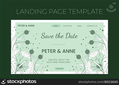 Floral wedding Landing page template in hand drawn doodle style, invitation card design with line flowers and leaves, dots and berries. Vector decorative frame on white and green background.. Floral wedding Landing page template in hand drawn doodle style, invitation card design with line flowers and leaves, dots and berries. Vector decorative frame on white and green background