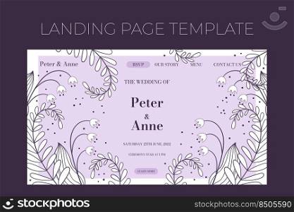 Floral wedding Landing page template in hand drawn doodle style, invitation card design with line flowers, leaves, fern and dots. Vector decorative frame on white and lilac background.. Floral wedding Landing page template in hand drawn doodle style, invitation card design with line flowers, leaves, fern and dots. Vector decorative frame on white and lilac background