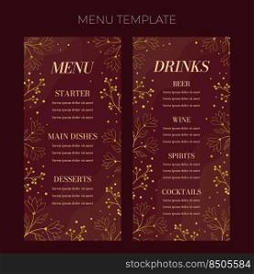 Floral wedding Menu template in elegant golden style, invitation card design with gold flowers with leaves, dots and berries. Vector decorative frame on rich red background.. Floral wedding Menu template in elegant golden style, invitation card design with gold flowers with leaves, dots and berries. Vector decorative frame on rich red background