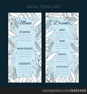 Floral wedding Menu template in hand drawn doodle style, invitation card design with line flowers and leaves, dots. Vector decorative frame on white and blue background.. Floral wedding Menu template in hand drawn doodle style, invitation card design with line flowers and leaves, dots. Vector decorative frame on white and blue background
