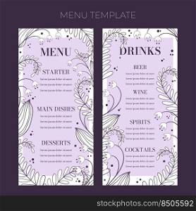 Floral wedding Menu template in hand drawn doodle style, invitation card design with line flowers, leaves, fern and dots. Vector decorative frame on white and lilac background.. Floral wedding Menu template in hand drawn doodle style, invitation card design with line flowers, leaves, fern and dots. Vector decorative frame on white and lilac background