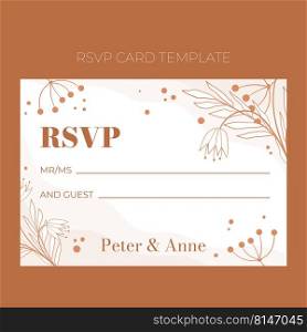 Floral wedding RSVP template in doodle style, invitation card design beige and white flowers, leaves and berries. Decorative frame pattern and wreath. Vector elegant decoration on white background.. Floral wedding RSVP template in doodle style, invitation card design beige and white flowers, leaves and berries. Decorative frame pattern and wreath. Vector elegant decoration on white background
