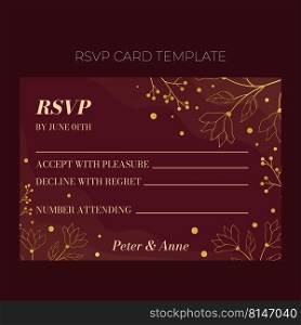 Floral wedding RSVP template in elegant golden style, invitation card design with gold flowers with leaves, dots and berries. Vector decorative frame on rich red background.. Floral wedding RSVP template in elegant golden style, invitation card design with gold flowers with leaves, dots and berries. Vector decorative frame on rich red background