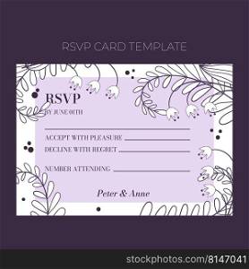 Floral wedding RSVP template in hand drawn doodle style, invitation card design with line flowers, leaves, fern and dots. Vector decorative frame on white and lilac background.. Floral wedding RSVP template in hand drawn doodle style, invitation card design with line flowers, leaves, fern and dots. Vector decorative frame on white and lilac background