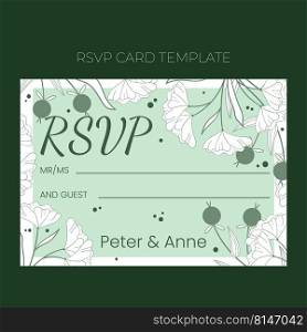 Floral wedding RSVP template in hand drawn doodle style, invitation card design with line flowers and leaves, dots and berries. Vector decorative frame on white and green background.