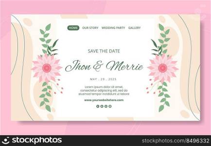 Floral Wedding Social Media Landing Page Template Flat Cartoon Background Vector Illustration