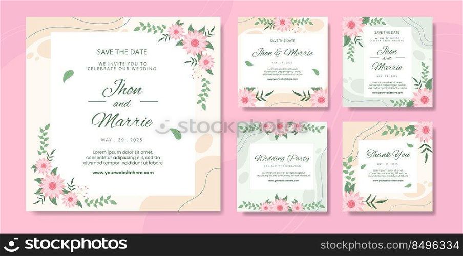 Floral Wedding Social Media Post Template Flat Cartoon Background Vector Illustration