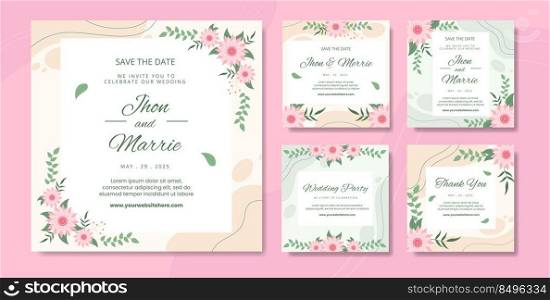 Floral Wedding Social Media Post Template Flat Cartoon Background Vector Illustration
