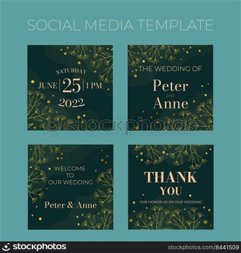 Floral wedding square social media template in elegant golden style, invitation card design with gold flowers with leaves, dots. Vector decoration on rich green background.. Floral wedding square social media template in elegant golden style, invitation card design with gold flowers with leaves, dots. Vector decoration on rich green background