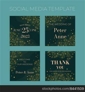 Floral wedding square social media template in elegant golden style, invitation card design with gold flowers with leaves, dots. Vector decoration on rich green background.. Floral wedding square social media template in elegant golden style, invitation card design with gold flowers with leaves, dots. Vector decoration on rich green background