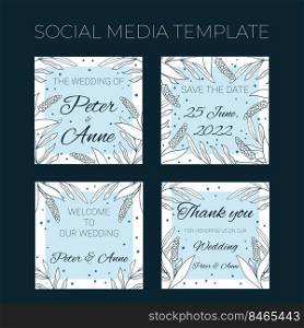 Floral wedding square social media template in hand drawn doodle style, invitation card design with line flowers and leaves, dots. Vector decorative frame on white and blue background.. Floral wedding square social media template in hand drawn doodle style, invitation card design with line flowers and leaves, dots. Vector decorative frame on white and blue background