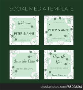 Floral wedding square social media template in hand drawn doodle style, invitation card design with line flowers and leaves, dots and berries. Vector decorative frame on white and green background.. Floral wedding square social media template in hand drawn doodle style, invitation card design with line flowers and leaves, dots and berries. Vector decorative frame on white and green background