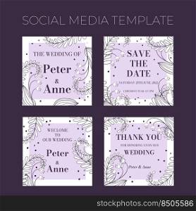 Floral wedding square social media template in hand drawn doodle style, invitation card design with line flowers, leaves, fern and dots. Vector decorative frame on white and lilac background.. Floral wedding square social media template in hand drawn doodle style, invitation card design with line flowers, leaves, fern and dots. Vector decorative frame on white and lilac background