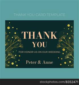 Floral wedding Thank you card template in elegant golden style, invitation card design with gold flowers with leaves, dots. Decorative frame pattern and wreath. Vector decoration on rich green. Floral wedding Thank you card template in elegant golden style, invitation card design with gold flowers with leaves, dots. Decorative frame pattern and wreath. Vector decoration on rich green.