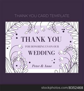 Floral wedding Thank you card template in hand drawn doodle style, invitation card design with line flowers, leaves, fern and dots. Vector decorative frame on white and lilac background.. Floral wedding Thank you card template in hand drawn doodle style, invitation card design with line flowers, leaves, fern and dots. Vector decorative frame on white and lilac background
