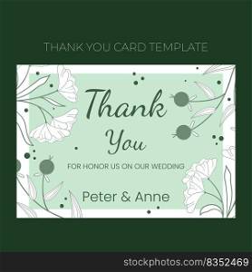 Floral wedding Thank you card template in hand drawn doodle style, invitation card design with line flowers and leaves, dots and berries. Vector decorative frame on white and green background.. Floral wedding Thank you card template in hand drawn doodle style, invitation card design with line flowers and leaves, dots and berries. Vector decorative frame on white and green background