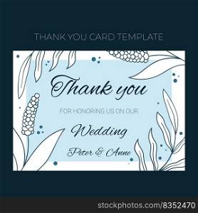 Floral wedding Thank you card template in hand drawn doodle style, invitation card design with line flowers and leaves, dots. Vector decorative frame on white and blue background.. Floral wedding Thank you card template in hand drawn doodle style, invitation card design with line flowers and leaves, dots. Vector decorative frame on white and blue background
