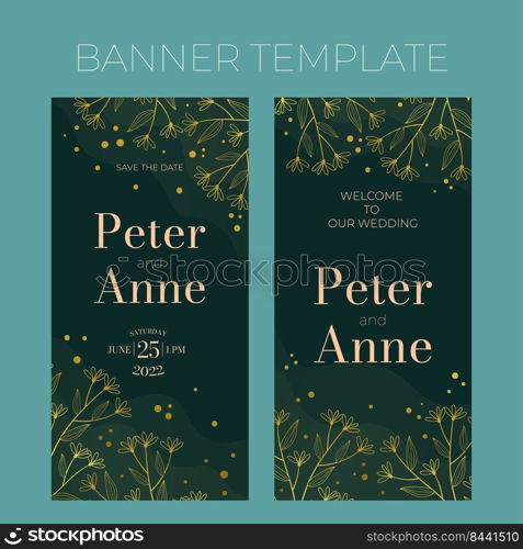 Floral wedding vertical banner template in elegant golden style, invitation card design with gold flowers with leaves, dots. Vector decoration on rich green background.. Floral wedding vertical banner template in elegant golden style, invitation card design with gold flowers with leaves, dots. Vector decoration on rich green background