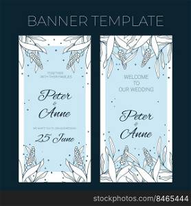 Floral wedding vertical banner template in hand drawn doodle style, invitation card design with line flowers and leaves, dots. Vector decorative frame on white and blue background.. Floral wedding vertical banner template in hand drawn doodle style, invitation card design with line flowers and leaves, dots. Vector decorative frame on white and blue background