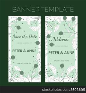 Floral wedding vertical banner template in hand drawn doodle style, invitation card design with line flowers and leaves, dots and berries. Vector decorative frame on white and green background.. Floral wedding vertical banner template in hand drawn doodle style, invitation card design with line flowers and leaves, dots and berries. Vector decorative frame on white and green background