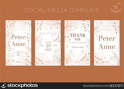Floral wedding vertical social media template in doodle style, invitation card design beige and white flowers, leaves and berries. Decorative frame pattern and wreath. Vector elegant decoration. Floral wedding vertical social media template in doodle style, invitation card design beige and white flowers, leaves and berries. Decorative frame pattern and wreath. Vector elegant decoration.