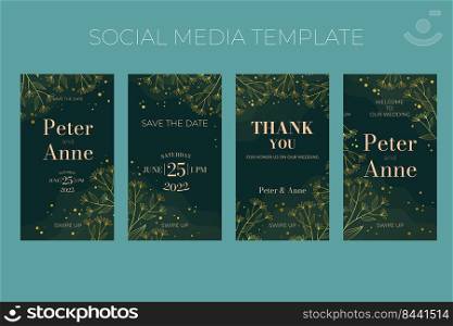 Floral wedding vertical social media template in elegant golden style, invitation card design with gold flowers with leaves, dots. Decorative frame pattern and wreath. Vector decoration on rich green. Floral wedding vertical social media template in elegant golden style, invitation card design with gold flowers with leaves, dots. Decorative frame pattern and wreath. Vector decoration on rich green.