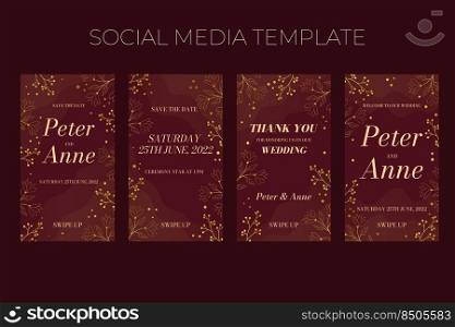 Floral wedding vertical social media template in elegant golden style, invitation card design with gold flowers with leaves, dots and berries. Vector decorative frame on rich red background.. Floral wedding vertical social media template in elegant golden style, invitation card design with gold flowers with leaves, dots and berries. Vector decorative frame on rich red background