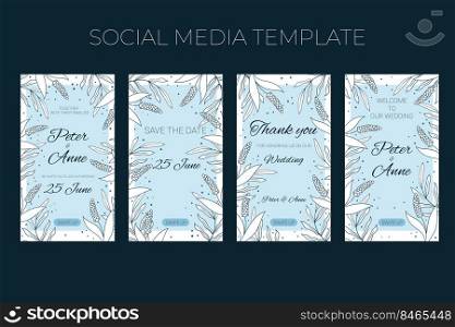 Floral wedding vertical social media template in hand drawn doodle style, invitation card design with line flowers and leaves, dots. Vector decorative frame on white and blue background.. Floral wedding vertical social media template in hand drawn doodle style, invitation card design with line flowers and leaves, dots. Vector decorative frame on white and blue background