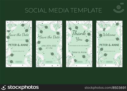 Floral wedding vertical social media template in hand drawn doodle style, invitation card design with line flowers and leaves, dots and berries. Vector decorative frame on white and green background.. Floral wedding vertical social media template in hand drawn doodle style, invitation card design with line flowers and leaves, dots and berries. Vector decorative frame on white and green background