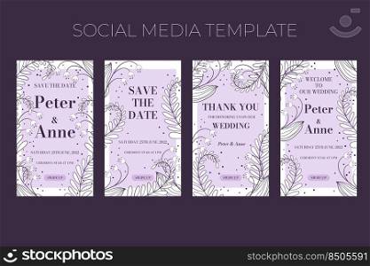 Floral wedding vertical social media template in hand drawn doodle style, invitation card design with line flowers, leaves, fern and dots. Vector decorative frame on white and lilac background.. Floral wedding vertical social media template in hand drawn doodle style, invitation card design with line flowers, leaves, fern and dots. Vector decorative frame on white and lilac background