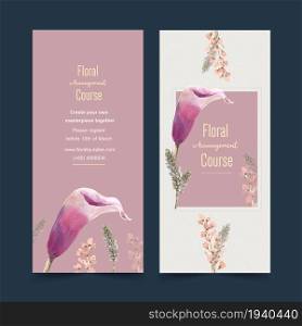 Floral wine flyer design with calla lily, Poaceae watercolor illustration.