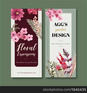 Floral wine flyer design with globe amaranth, Wisteria watercolor illustration.