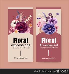 Floral wine flyer design with Mouquet, lavender, rose watercolor illustration.