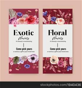 Floral wine flyer design with rose, anemone, Antigonon watercolor illustration.