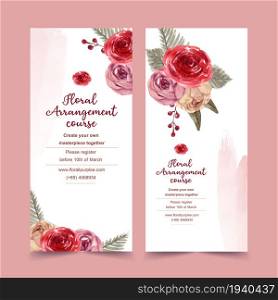 Floral wine flyer design with rose, rowan watercolor illustration.