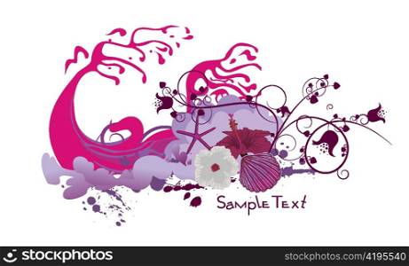 floral with grunge and sea creatures summer illustration