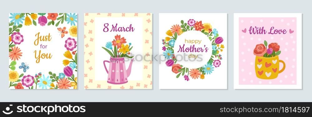 Floral woman cards. Love banner, womens day flowers bouquet flyers template. Birthday celebration creative invitation design exact vector set. Illustration female celebration card, lady holiday. Floral woman cards. Love banner, womens day flowers bouquet flyers template. Birthday celebration creative invitation design exact vector set