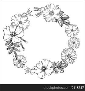 Floral wreath. Black-and-white drawing of flowers.Vector illustration.. Black-and-white drawing of flowers.