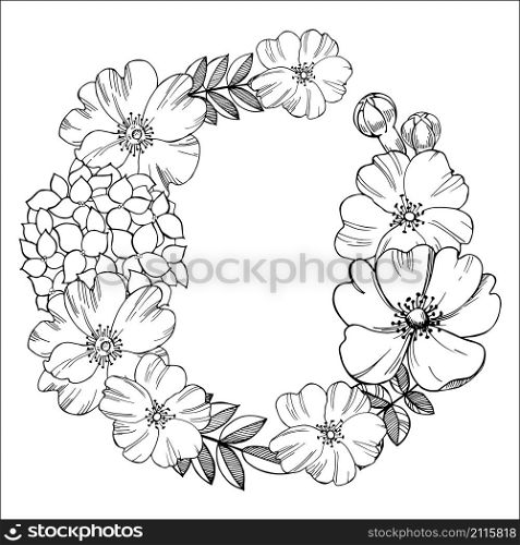 Floral wreath. Black-and-white drawing of flowers.Vector illustration.. Black-and-white drawing of flowers.Vector illustration.