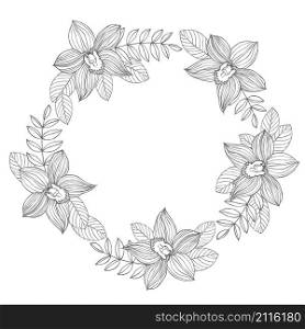 Floral wreath with hand drawn orchids. Vector sketch illustration. Floral wreath with hand drawn orchids.