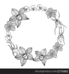 Floral wreath with hand drawn orchids. Vector sketch illustration. Hand drawn orchids.
