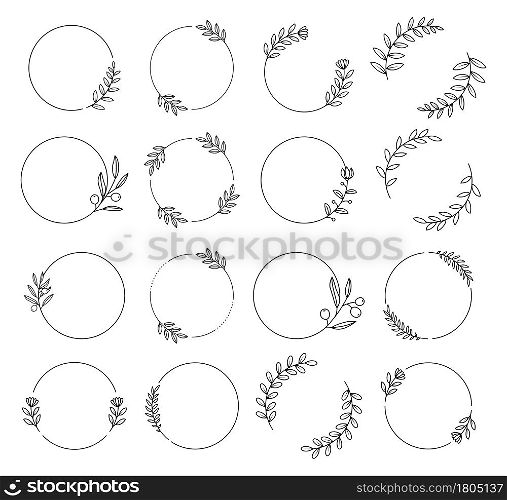 Floral wreath with leaves hand drawn round frames. Wedding wreath decorative leaves elements vintage.