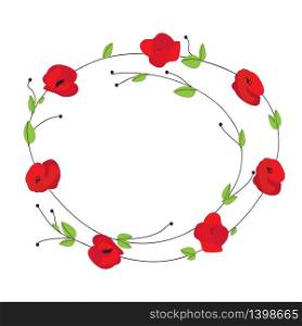 Floral wreath with red poppies. Vector flower card design. Floral wreath with poppies