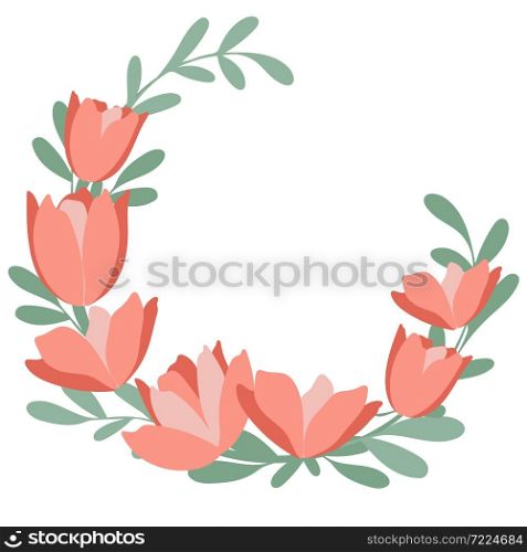 Floral wreath with tulips isolated illustration. Circular frame from the first spring flowers. Delicate botanical template for postcards or congratulations.. Floral wreath with tulips isolated illustration.