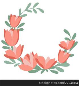 Floral wreath with tulips isolated illustration. Circular frame from the first spring flowers. Delicate botanical template for postcards or congratulations.. Floral wreath with tulips isolated illustration.