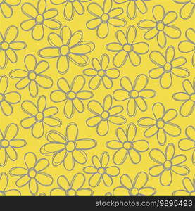 Floral yellow and gray seamless pattern. Hand drawn flowers. Vector illustration. Pen or marker doodle sketch. Line art silhouettes.  olored scratchboard