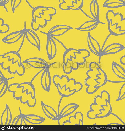 Floral yellow and gray seamless pattern. Hand drawn flowers. Vector illustration. Marker doodle sketch. Line art silhouettes. Repeat contour drawing